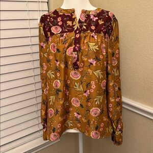 LOFT Floral Blouse Mustard Burgundy Long Sleeves Woman's Small